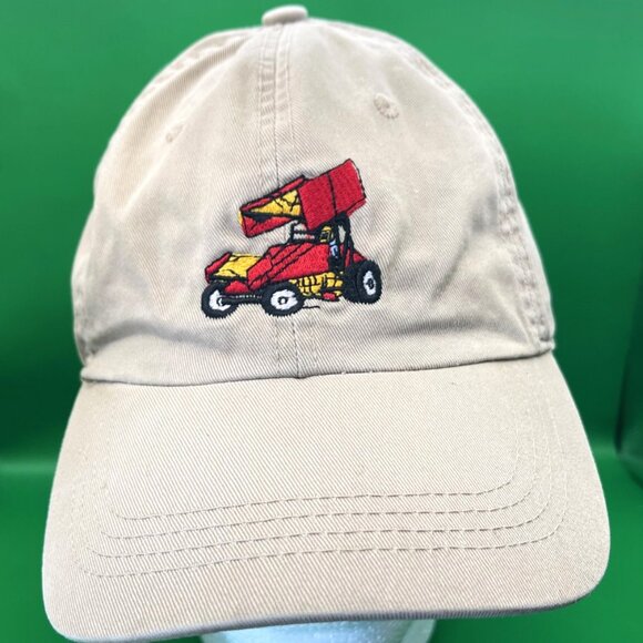 Decky Sprint Car Racing Hat Red Yellow Embroidered Dirt Track Cap Tan Dad Hat - Picture 1 of 11
